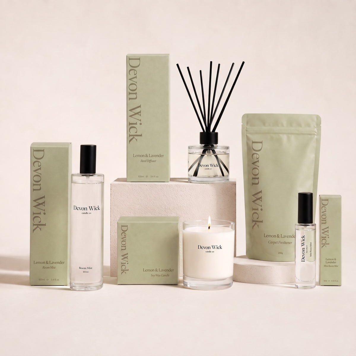The Lemon & Lavender Scent Set: room mist, reed diffuser, soy wax candle, carpet freshener and mini room mist