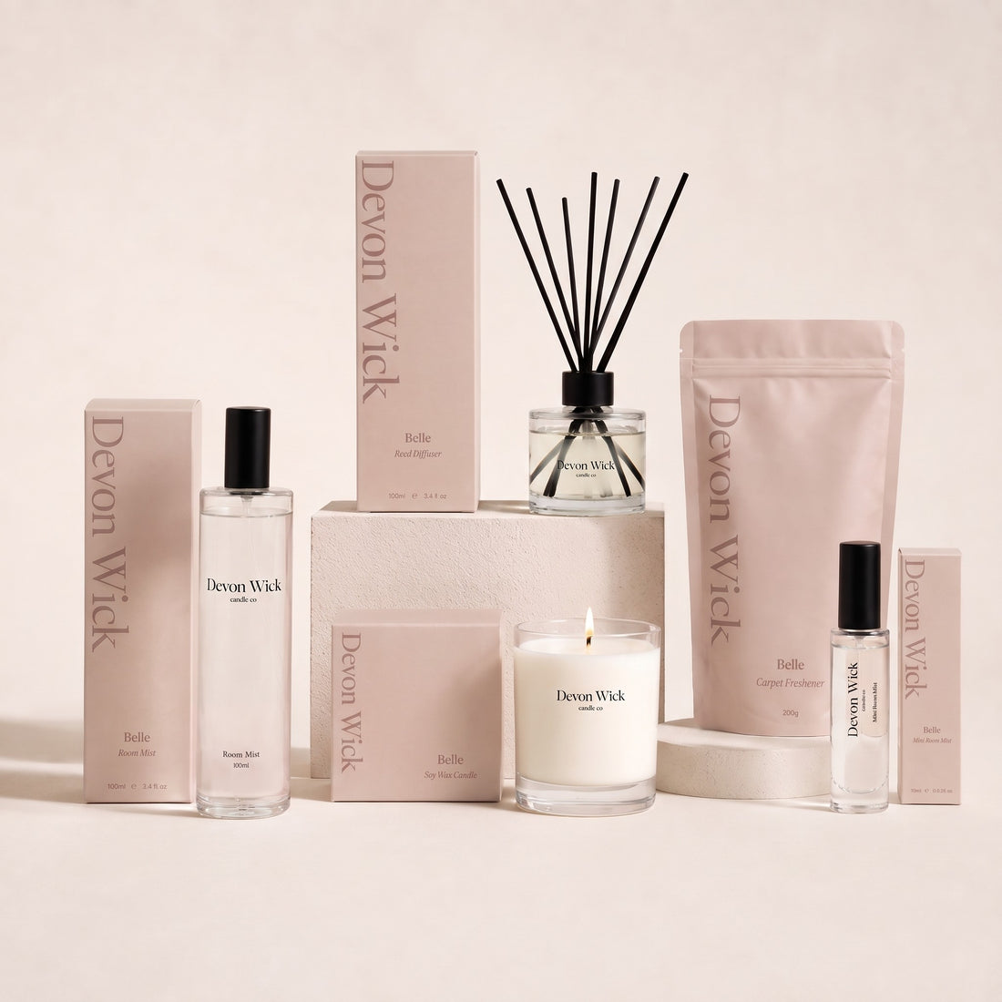 The Belle Scent Set: room mist, reed diffuser, soy wax candle, carpet freshener and mini room mist