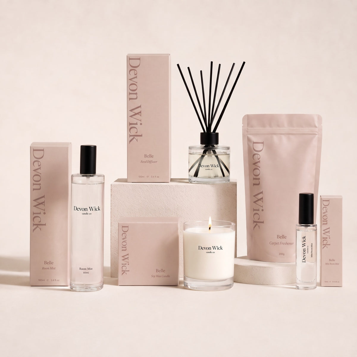 The Belle Scent Set: room mist, reed diffuser, soy wax candle, carpet freshener and mini room mist