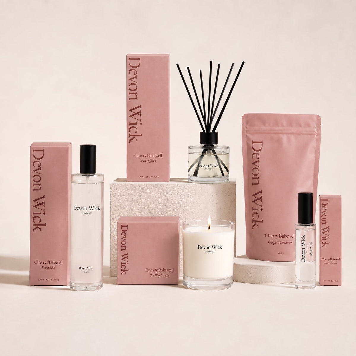 The Cherry Bakewell Scent Set: room mist, reed diffuser, soy wax candle, carpet freshener and mini room mist