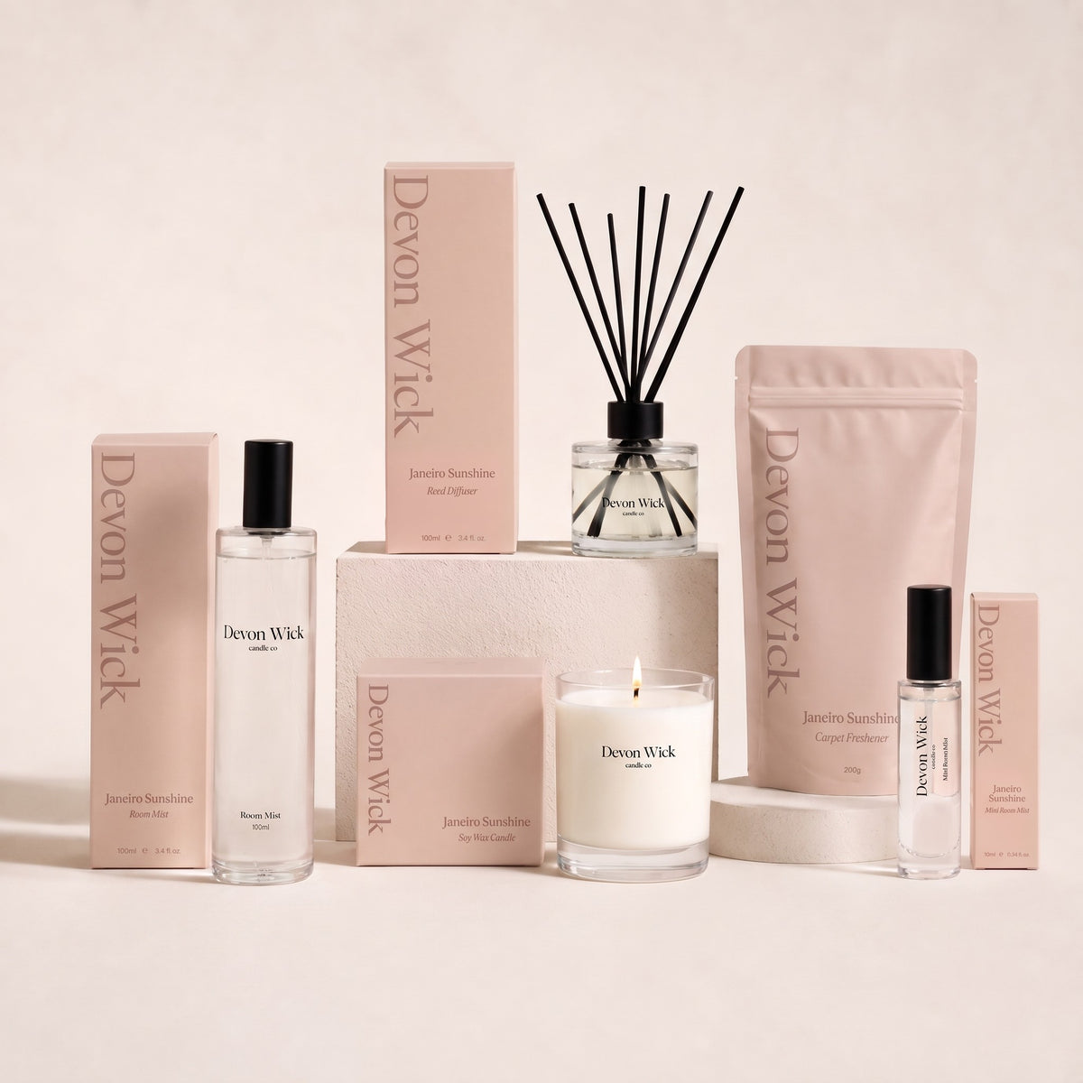 The Janeiro Sunshine Scent Set: room mist, reed diffuser, soy wax candle, carpet freshener and mini room mist