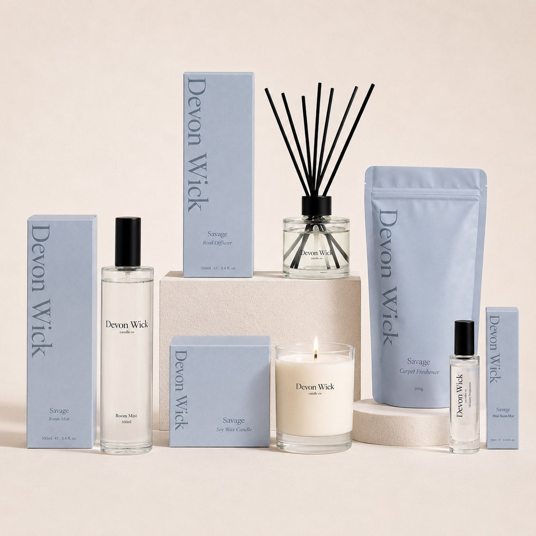 The Savage Scent Set: room mist, reed diffuser, soy wax candle, carpet freshener and mini room mist