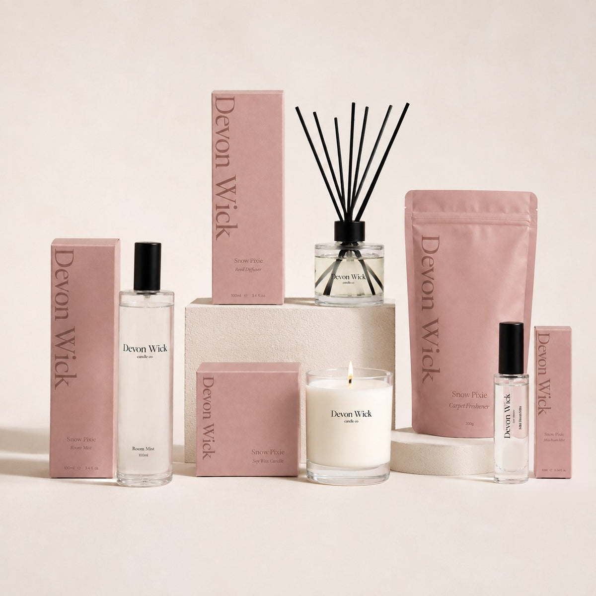 The Snow Pixie Scent Set: room mist, reed diffuser, soy wax candle, carpet freshener and mini room mist