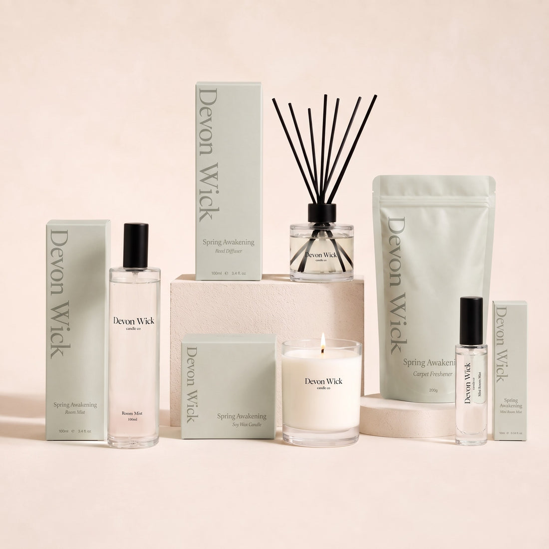 The Spring Awakening Scent Set: room mist, reed diffuser, soy wax candle, carpet freshener and mini room mist